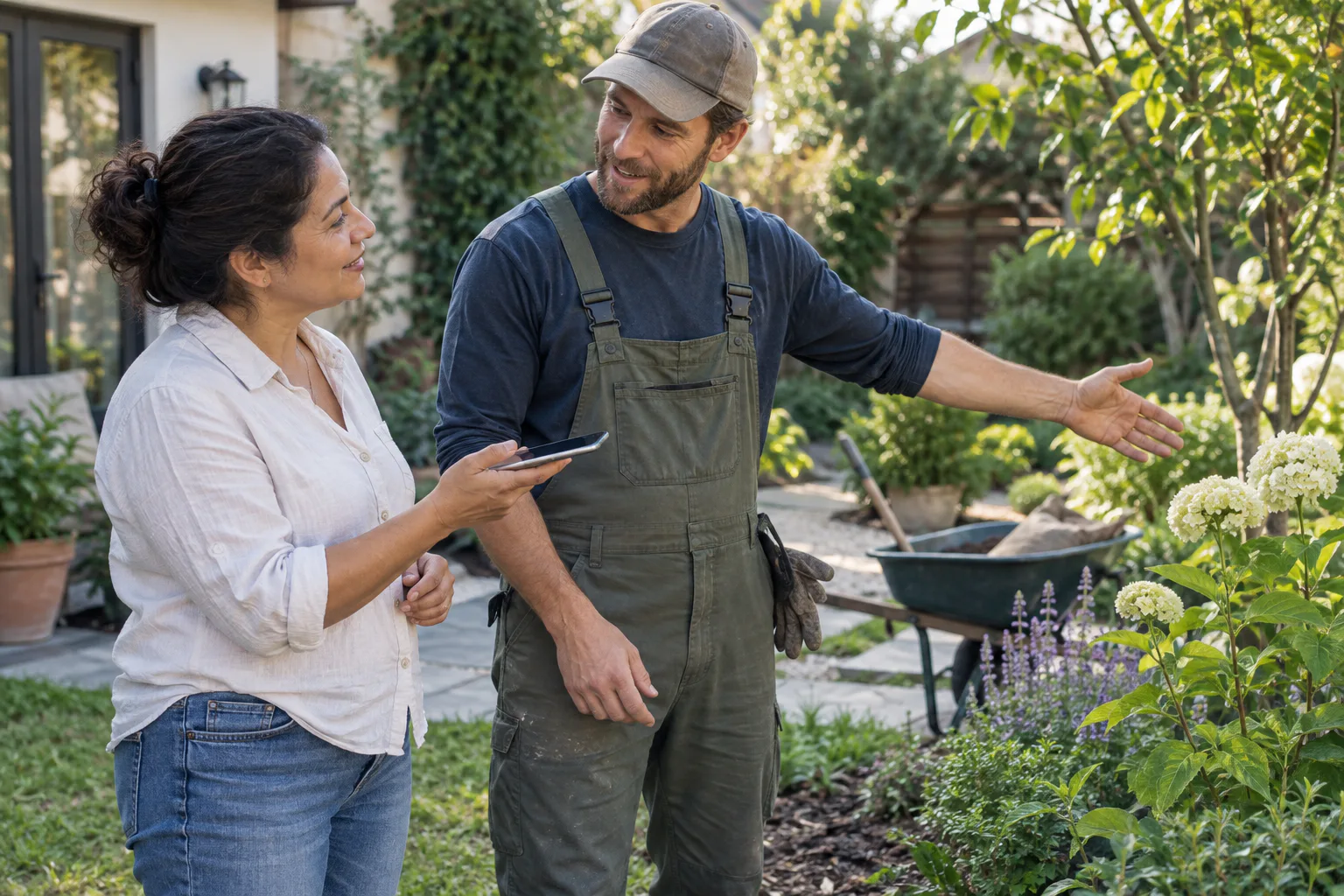 Traductor de conversaciones español-inglés con IA durante un servicio de jardinería