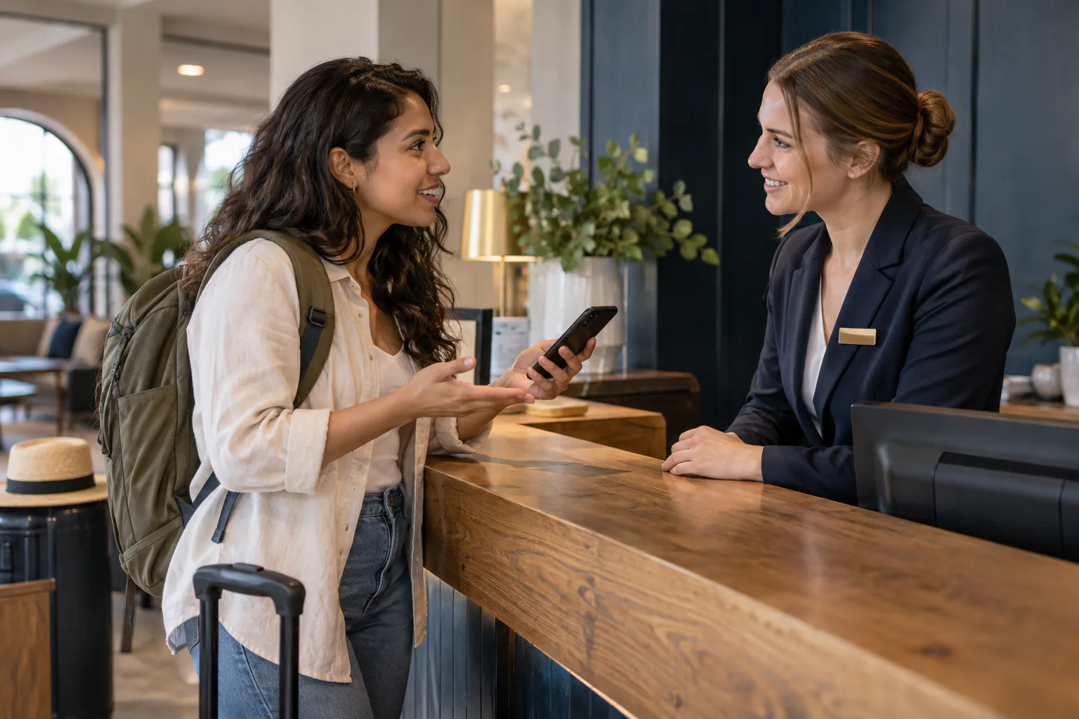 Viajera usando un traductor de voz inglés-español para conversar en la recepción de un hotel